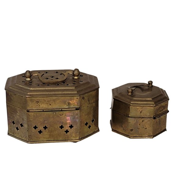 2 Brass Potpourri Cricket Trinket Box Jewelry w Hinge Latch Lid India Boho decor - Picture 4 of 10